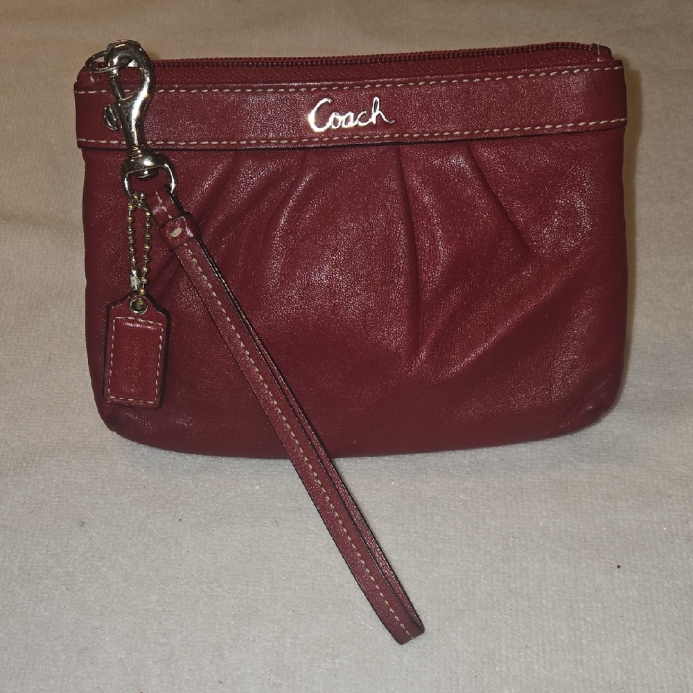 COACH Red Pebbled Leather Ashley Pleated Wristlet